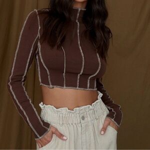 12th Tribe Brown Seamed Ribbed Mock Neck Long Sleeve Crop Top Small NWT